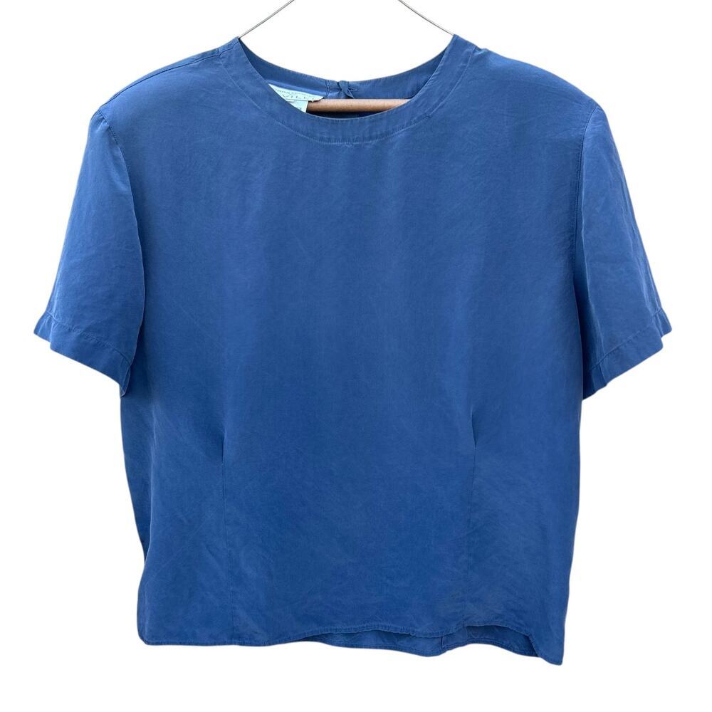 Silk Shell Blouse Vintage 100% Natural Fiber Short Sleeve Slate Blue Size 16 XL